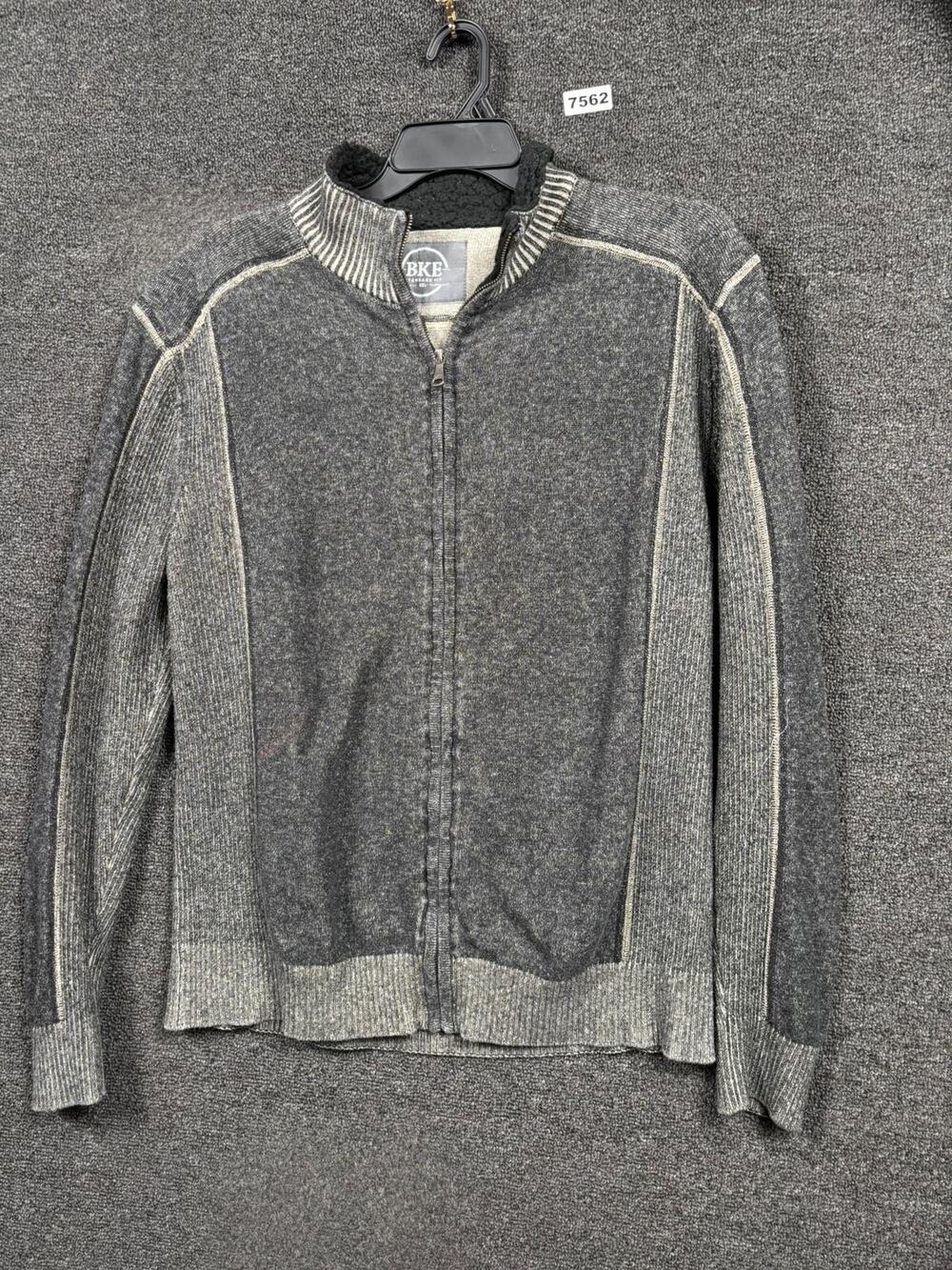 BKE Sweater Mens 2XL Gray Full Zip Mock Neck Knit Cotton Fleece Lined Casual
